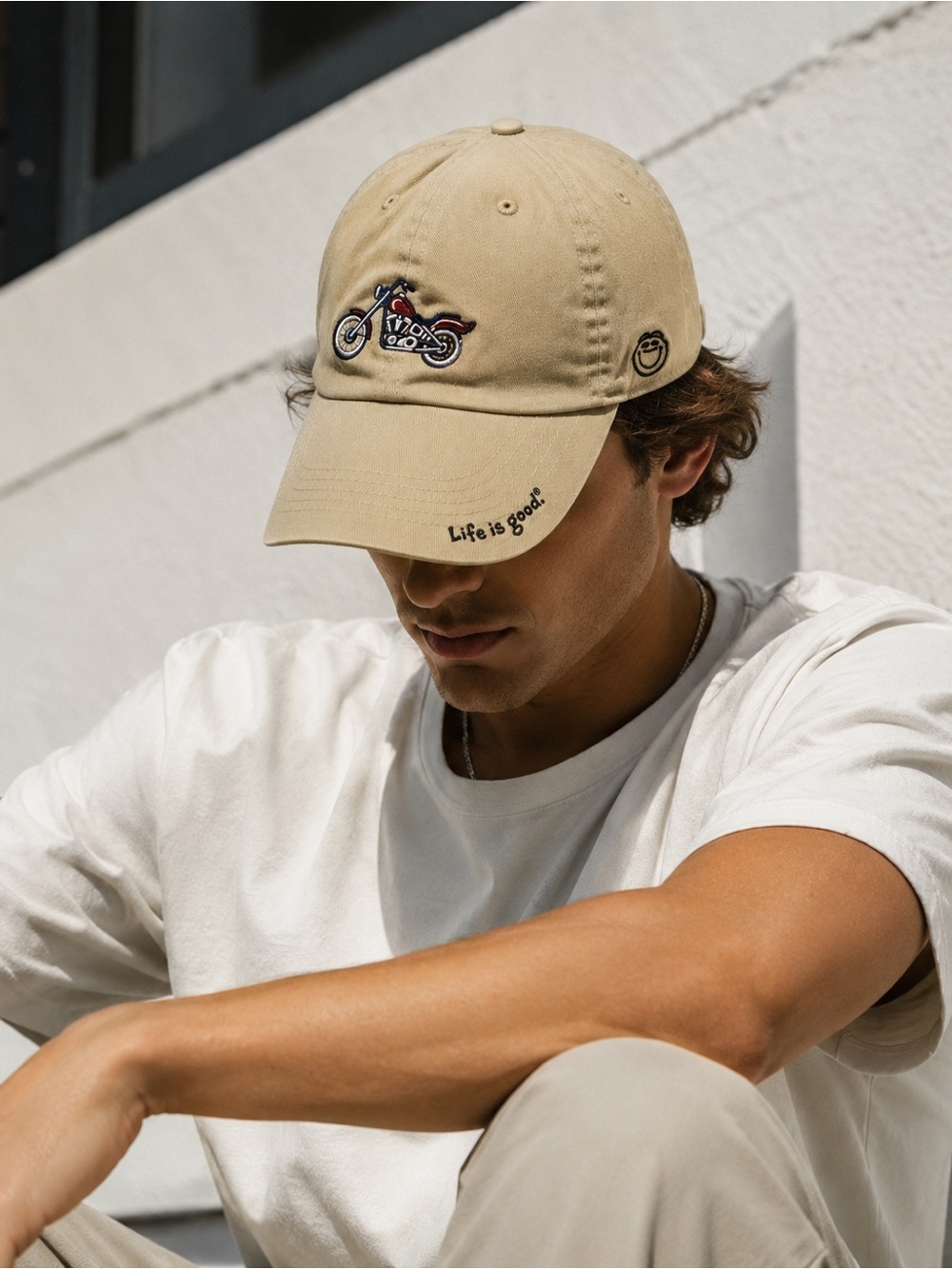 Life is Good Motorcycle Embroidered Baseball Cap Khaki Tan 100% Cotton